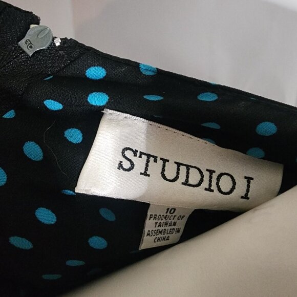 Studio I Dress Womens Size 10 Black Blue Polka Dot Sleeveless Zip Back Pencil - Picture 5 of 7